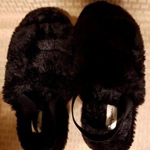 Dearfoams Women's Luna Furry Slide Slipper Black Size Large 9-10 New